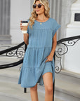 Tiered Round Neck Short Sleeve Denim Dress - Little Miss Vanilla