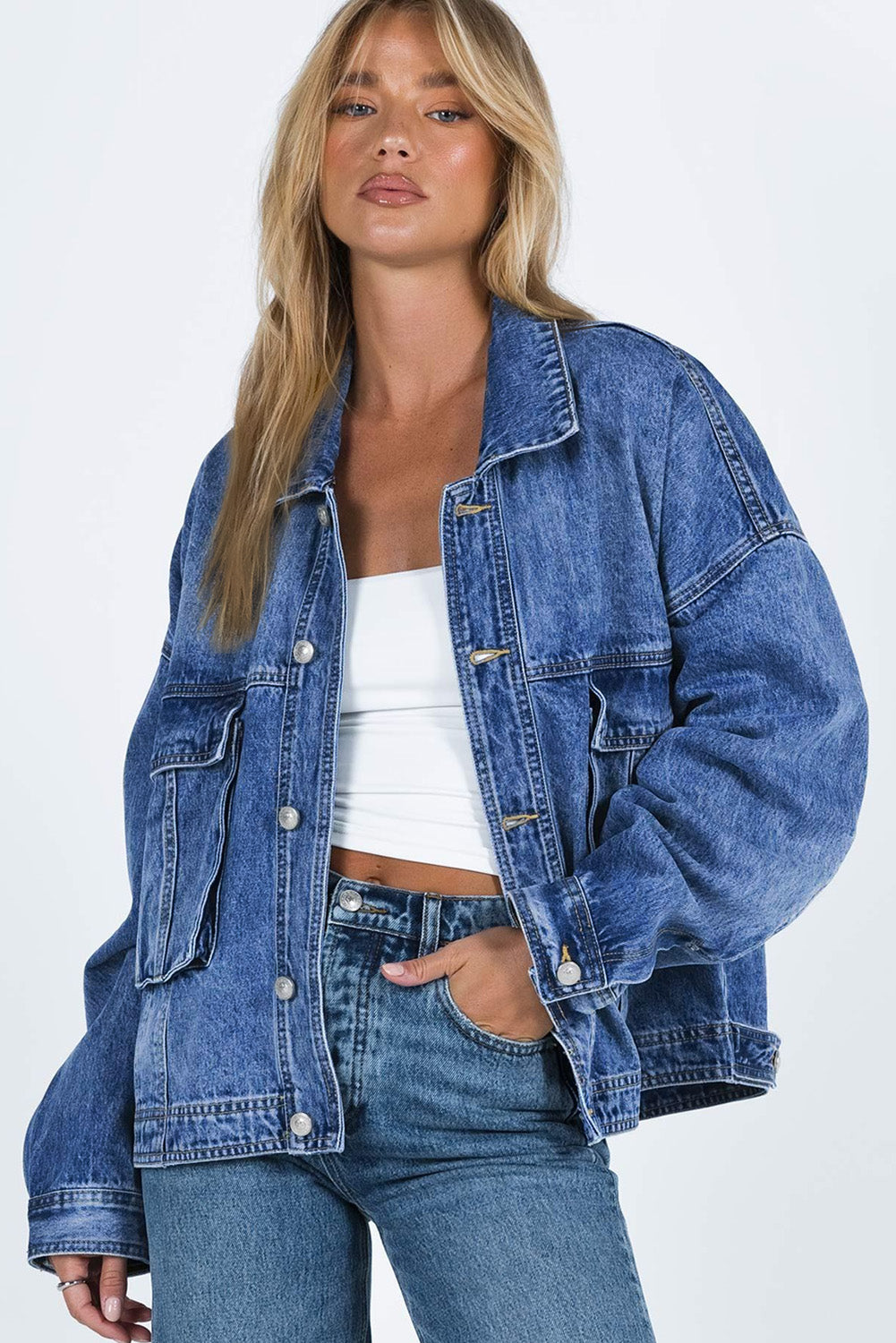 Blue Chest Pockets Drop Shoulder Loose Denim Jacket - Little Miss Vanilla