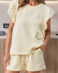 Apricot Textured Ruffled Sleeve Tee and Drawstring Shorts Set