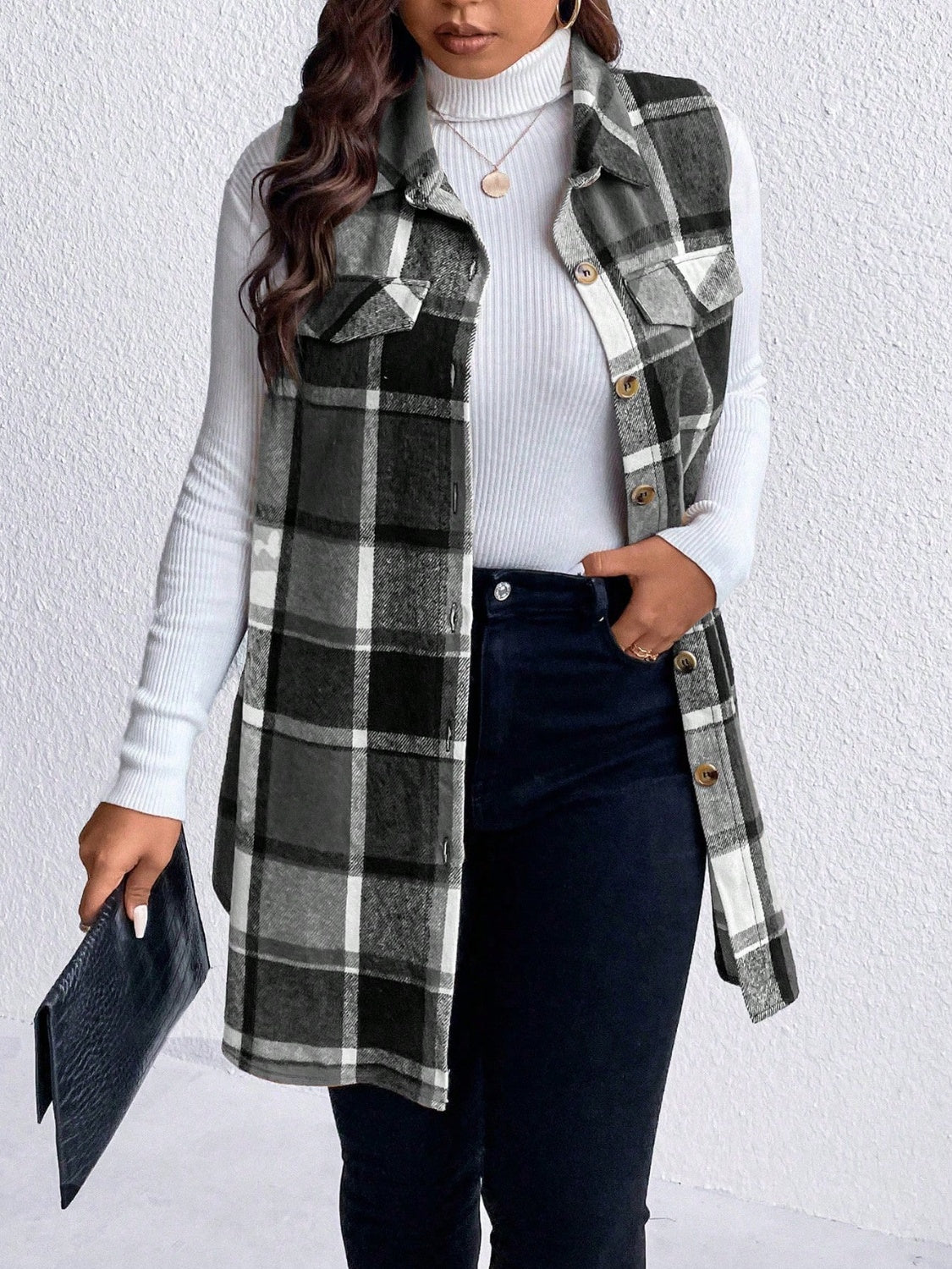 Honey Plus Size Pocketed Plaid Button Up Vest Coat - Little Miss Vanilla