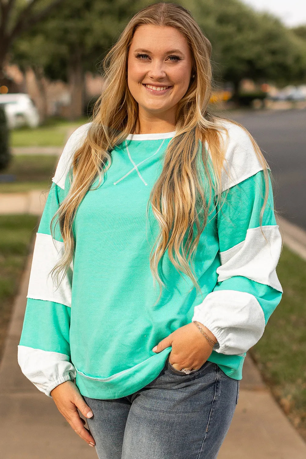 Plus Size Exposed Seam Color Block Long Sleeve Sweatshirt - Little Miss Vanilla