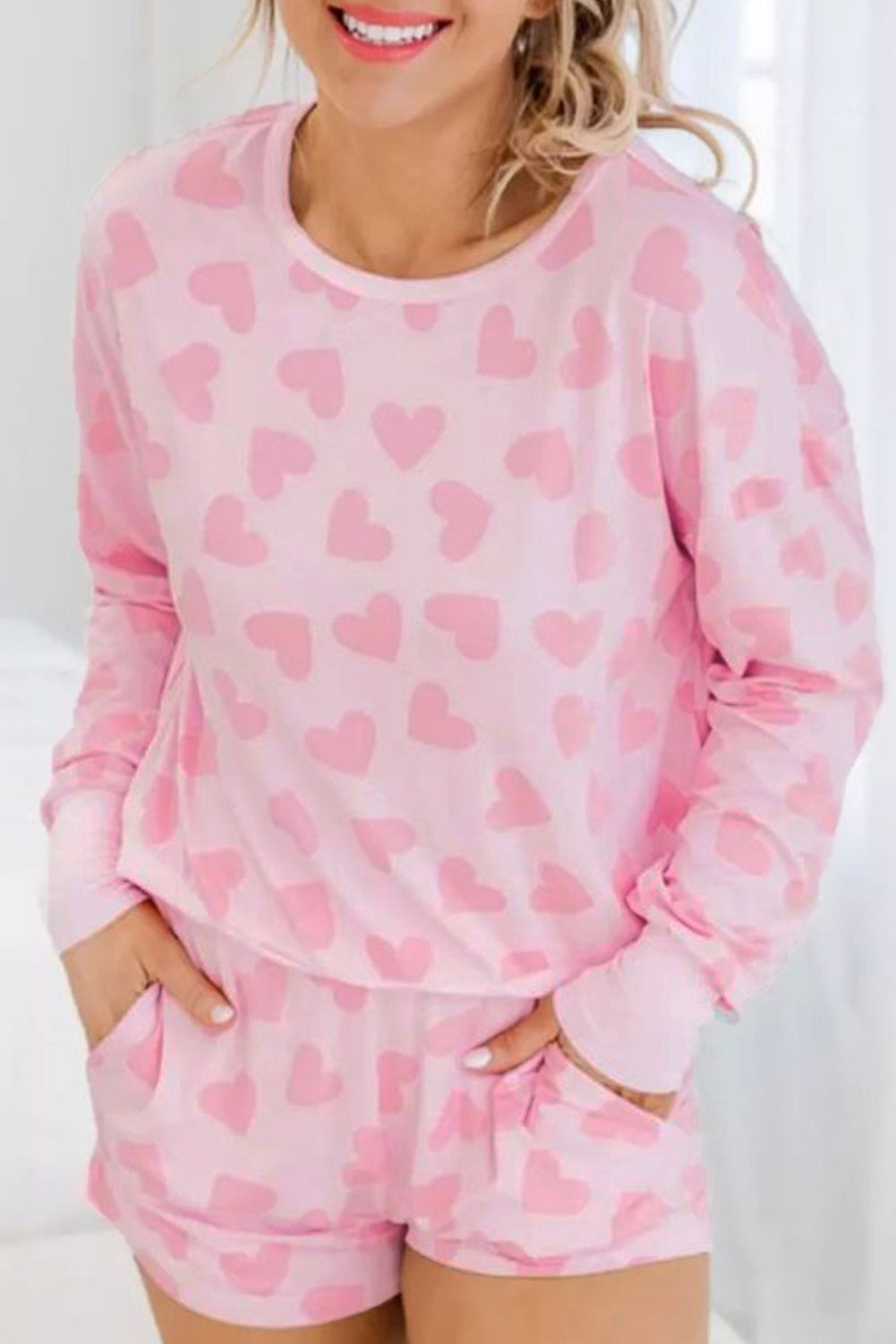 Pink Valentine Heart Shape Print Long Sleeve Top Shorts Lounge Set - Little Miss Vanilla