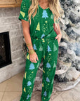 Green Christmas Tree Print V Neck Tee and Pants Lounge Set - Little Miss Vanilla