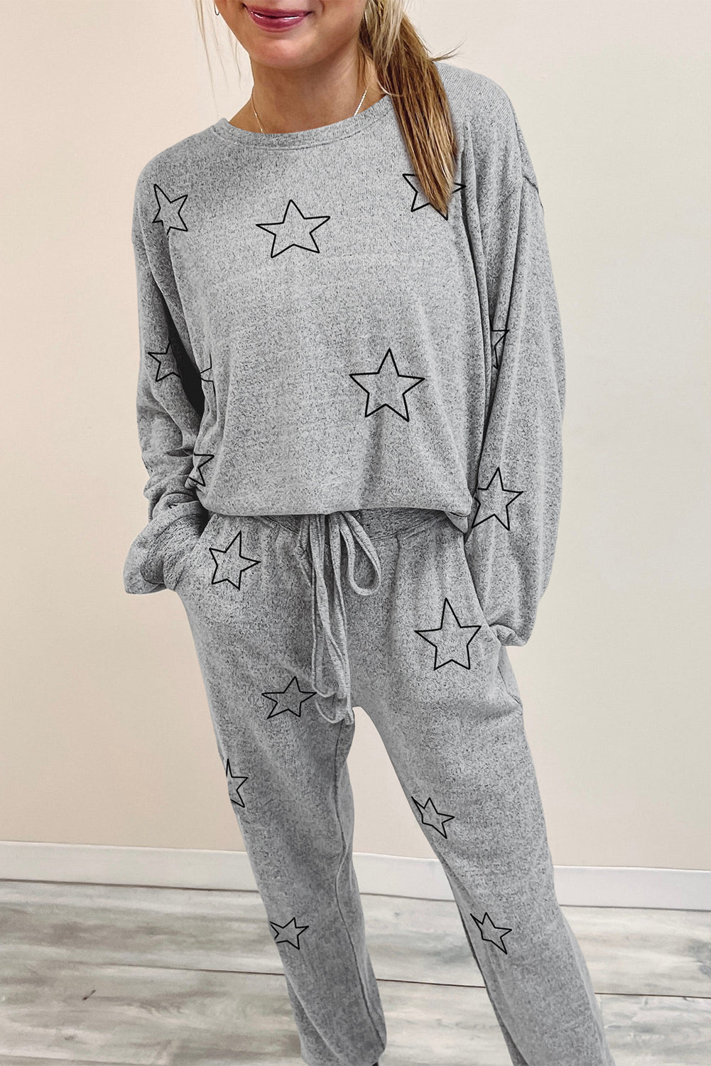 Gray Stars Print Long Sleeve Drawstring High Waist Lounge Set - Little Miss Vanilla