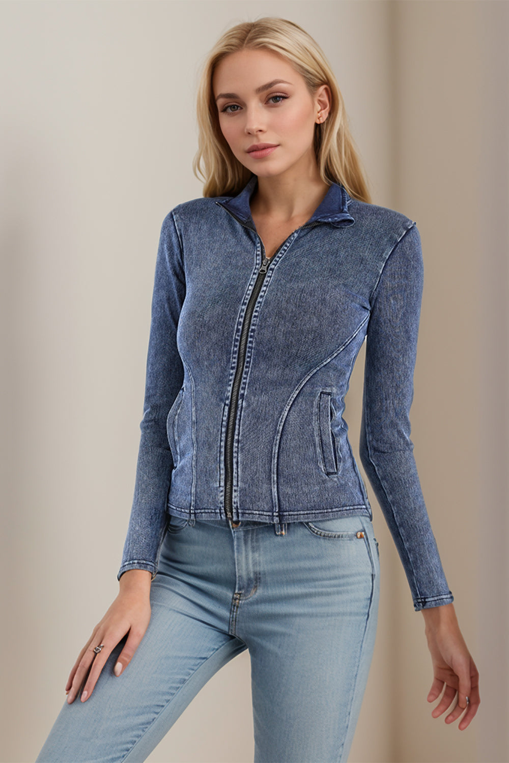 Basic Bae Pocketed Turtleneck Zip Up Denim Top - Little Miss Vanilla