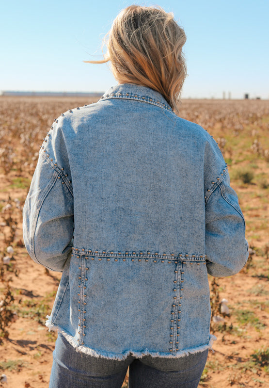 Studded Acid Wash Long Sleeve Denim Jacket - Little Miss Vanilla