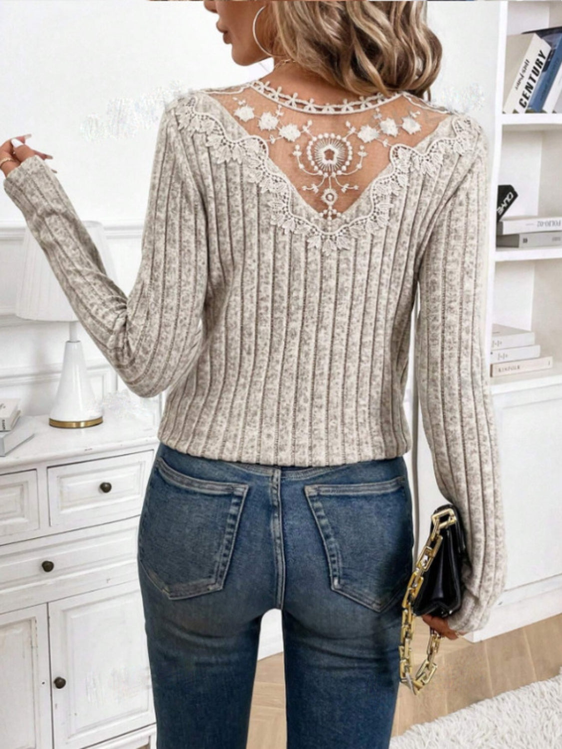 Lace Detail V-Neck Long Sleeve T-Shirt - Little Miss Vanilla