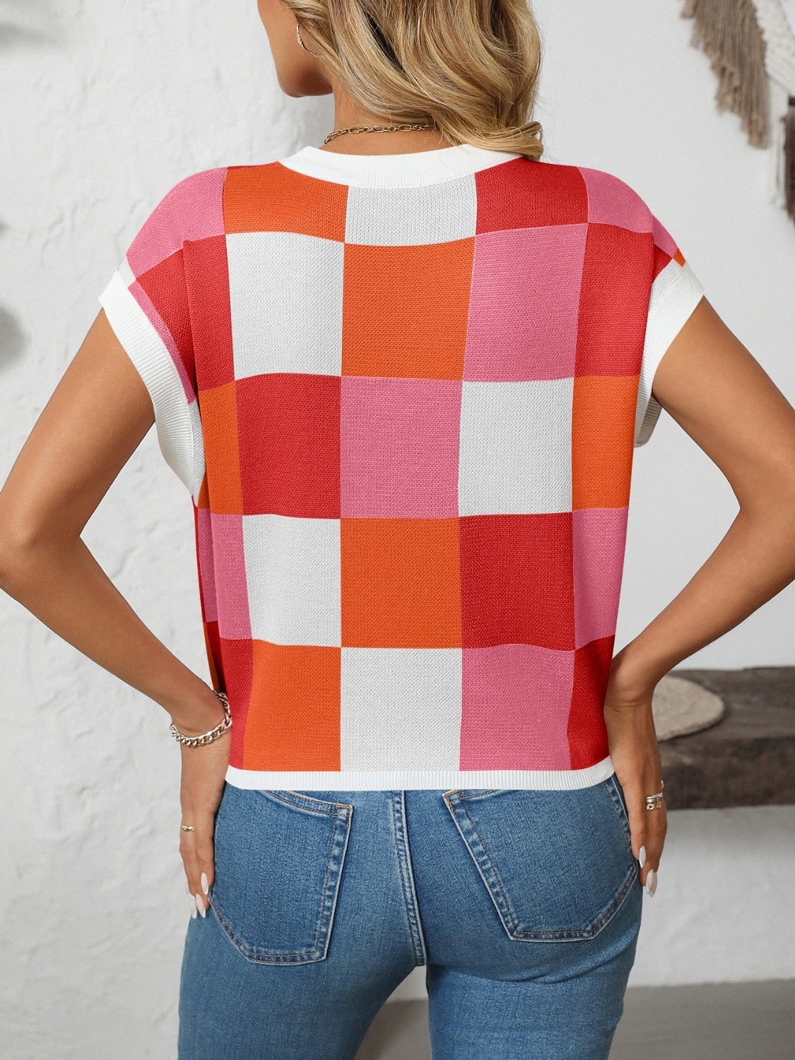 Mandy Checkered Round Neck Cap Sleeve Knit Top - Little Miss Vanilla