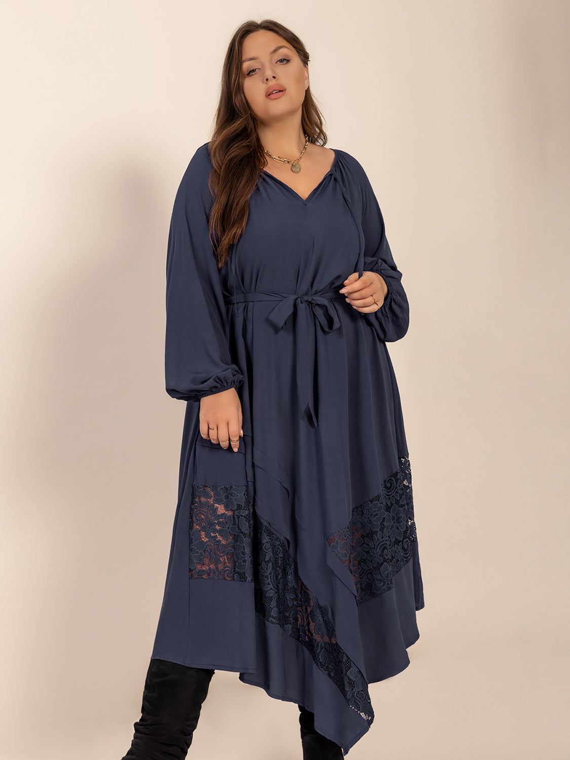 Plus Size Lace Detail Tie Neck Long Sleeve Midi Dress - Little Miss Vanilla