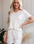 Beige Checkered V Neck Tee Drawstring Shorts Lounge Set