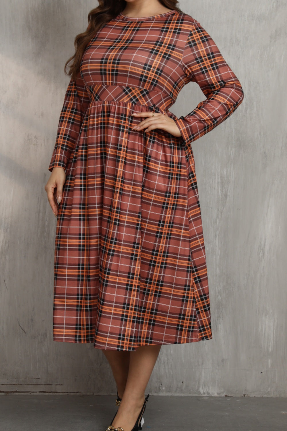 Plus Size Plaid Round Neck Long Sleeve Midi Dress - Little Miss Vanilla