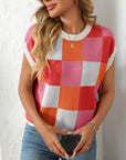 Mandy Checkered Round Neck Cap Sleeve Knit Top - Little Miss Vanilla