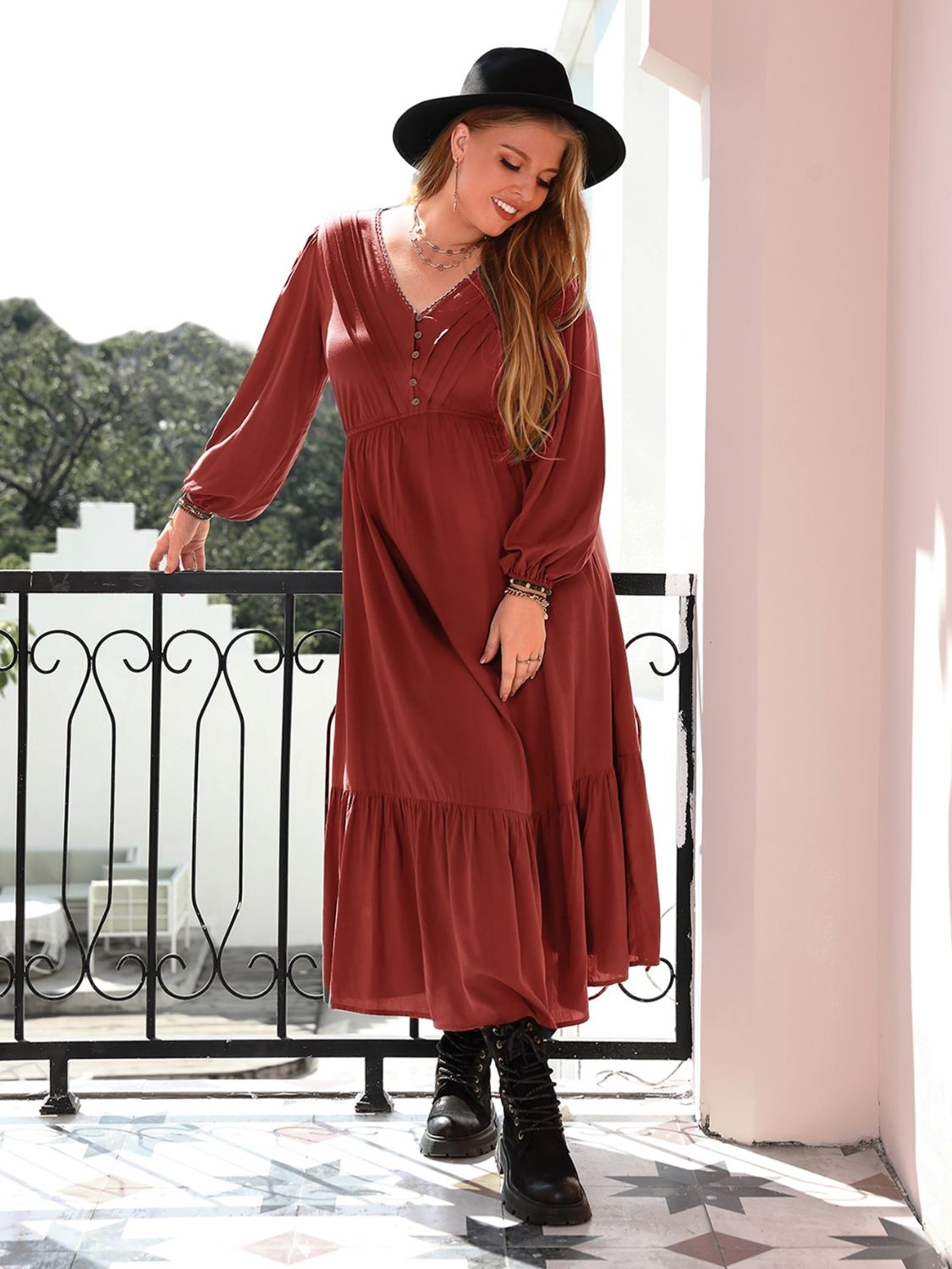 Plus Size Quarter Button V-Neck Long Sleeve Dress - Little Miss Vanilla