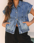 Ashleigh Blue Acid Wash Elastic Hem Button Up Denim Vest