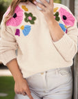 Plus Size Crochet Flower Round Neck Long Sleeve Sweater - Little Miss Vanilla