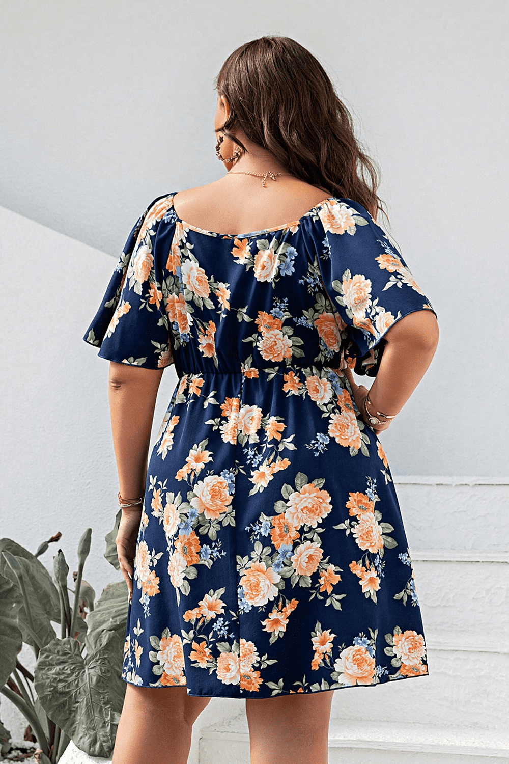 Plus Size Floral Print V-Neck Flutter Sleeve Mini Dress - Little Miss Vanilla