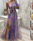 Mesh Tie-dye Printed Off-shoulder Slit Dress Summer INS Fashion Long Dress Party Womens Clothing