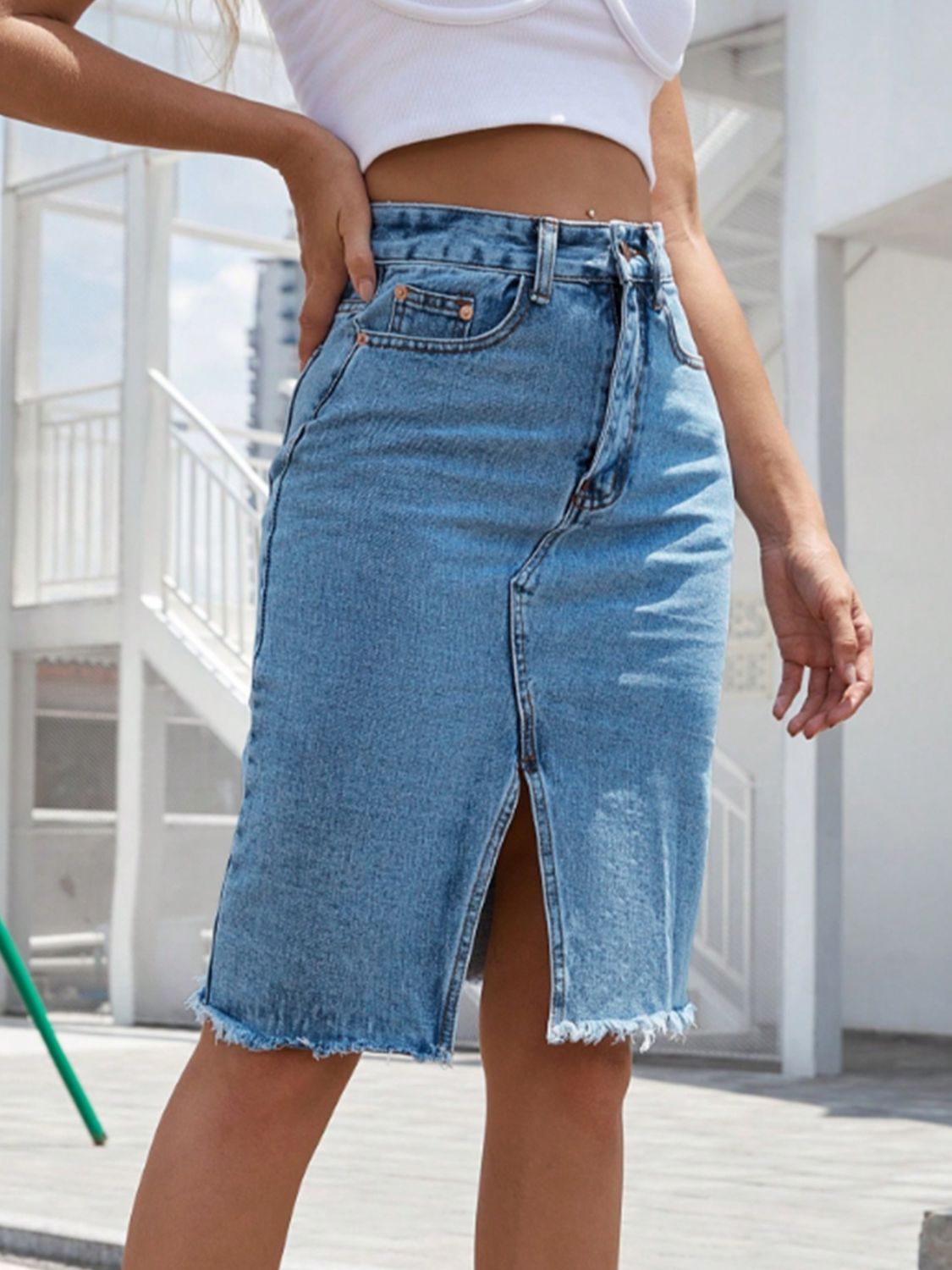 Raw Hem Slit Denim Skirt - Little Miss Vanilla