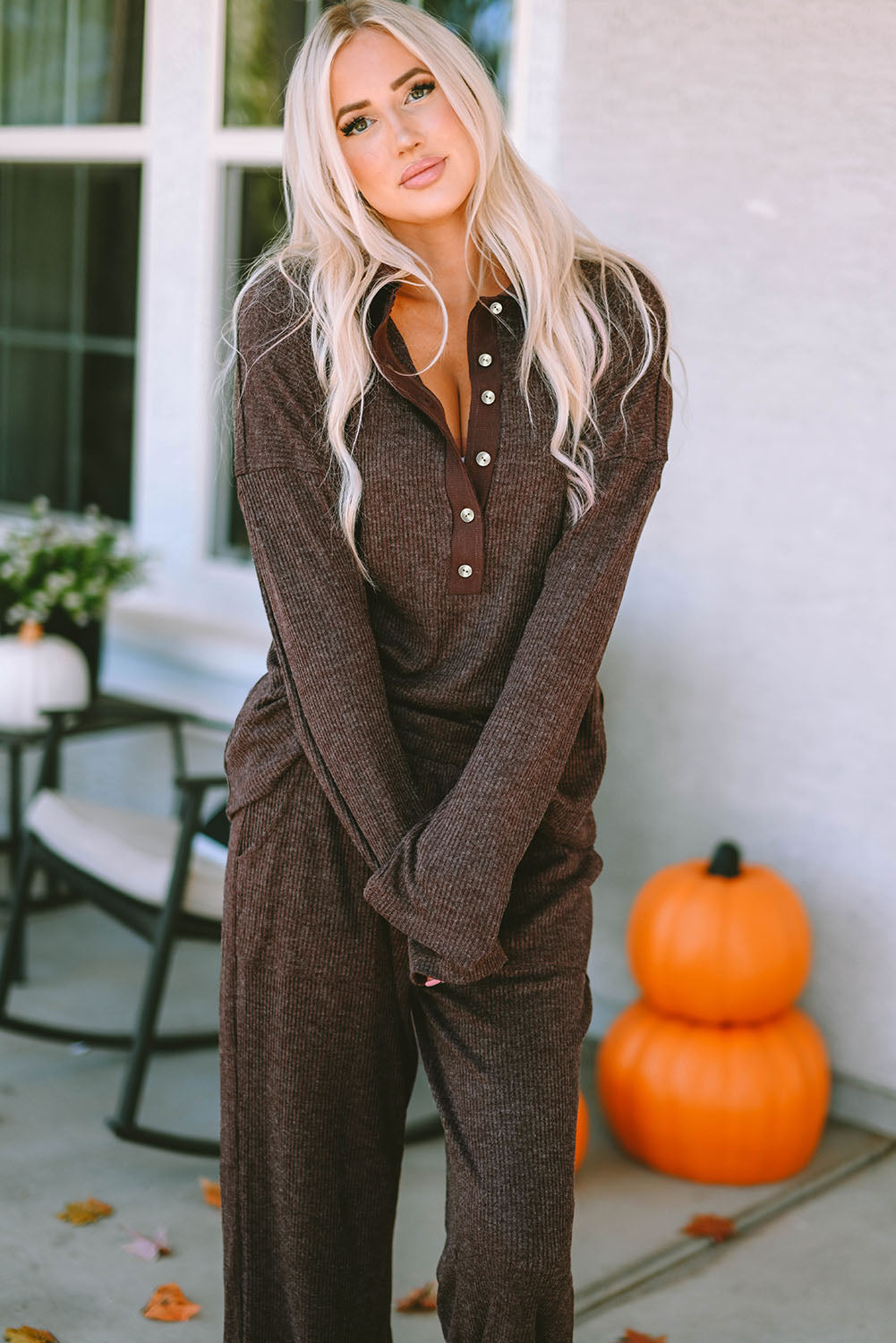 Brown Ribbed Knit Collared Henley Top and Pants Lounge Outfit - Little Miss Vanilla