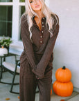 Brown Ribbed Knit Collared Henley Top and Pants Lounge Outfit - Little Miss Vanilla