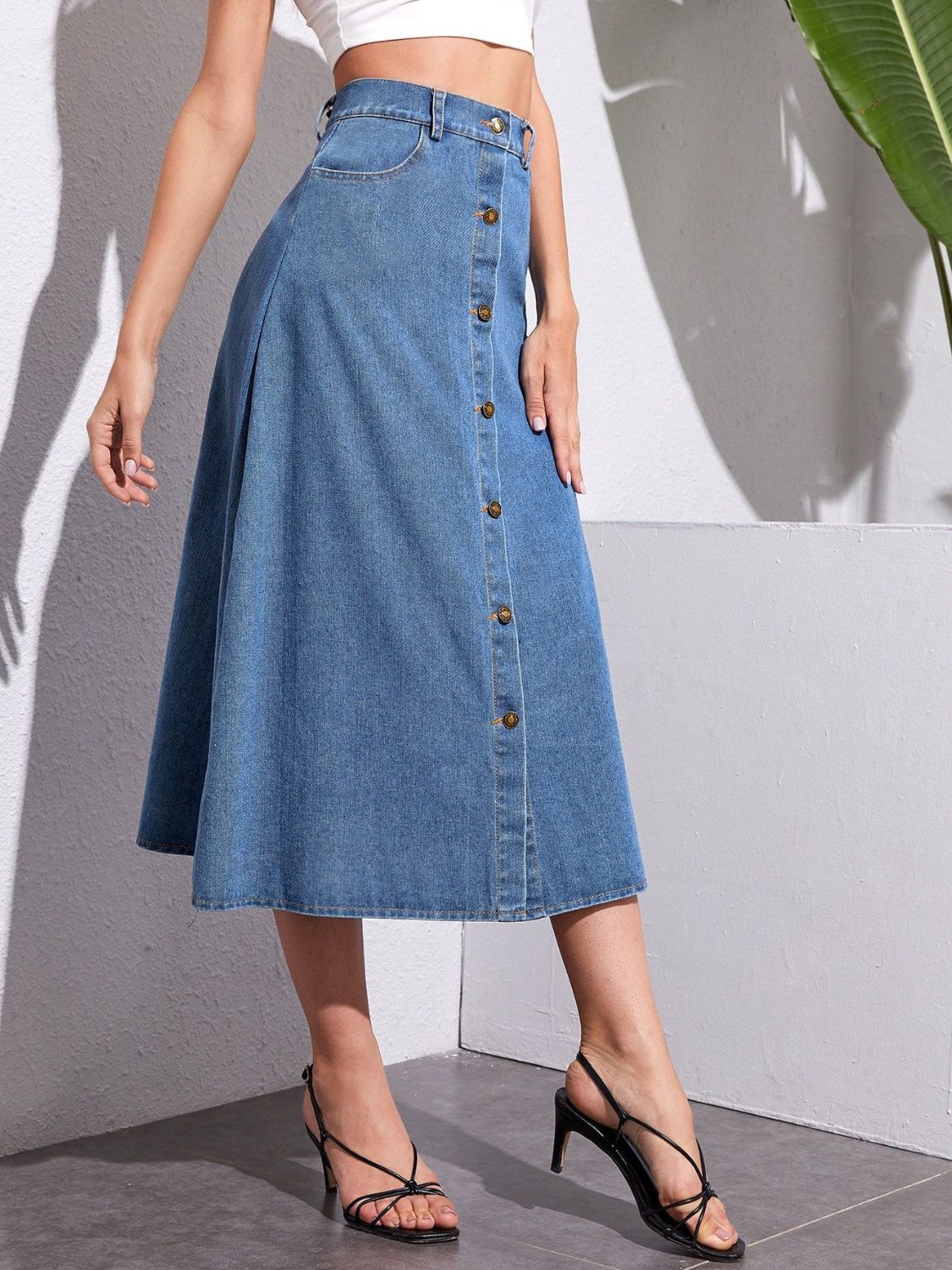 Buttoned Midi Denim Skirt with Pockets - Little Miss Vanilla