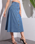 Buttoned Midi Denim Skirt with Pockets - Little Miss Vanilla