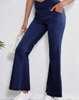 Dusk Blue Solid Crossed Waist High Elastic Fit Flare Knit Jeans