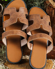 Brown Cut Out H Shape Band PU Leather Slippers - Little Miss Vanilla