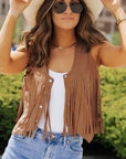 Camel Fringed Snap Button Front Suedette Vest - Little Miss Vanilla