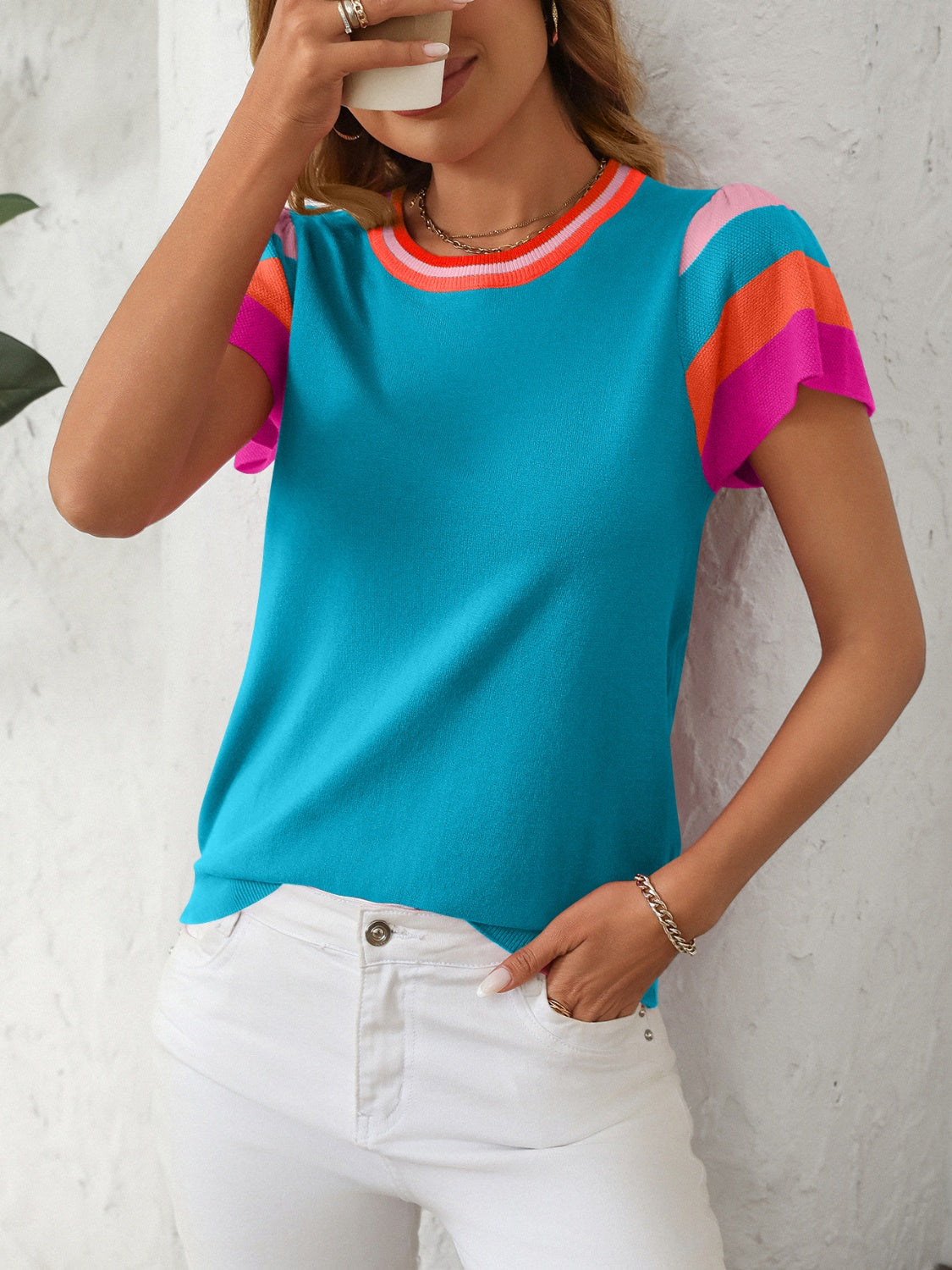 Mandy Contrast Round Neck Short Sleeve Knit Top - Little Miss Vanilla