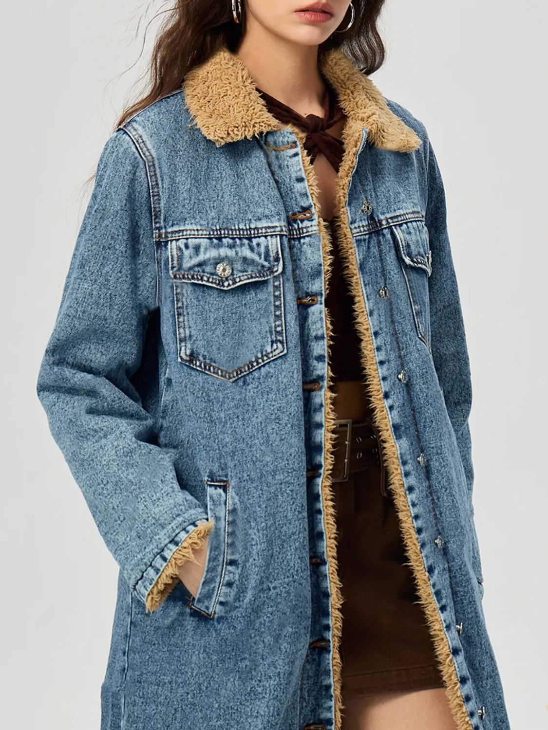 Pocketed Button Up Denim Jacket with Fur Lining - Little Miss Vanilla