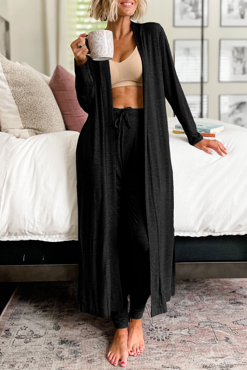 Black Split Long Cardigan and Skinny Pants Lounge Set - Little Miss Vanilla