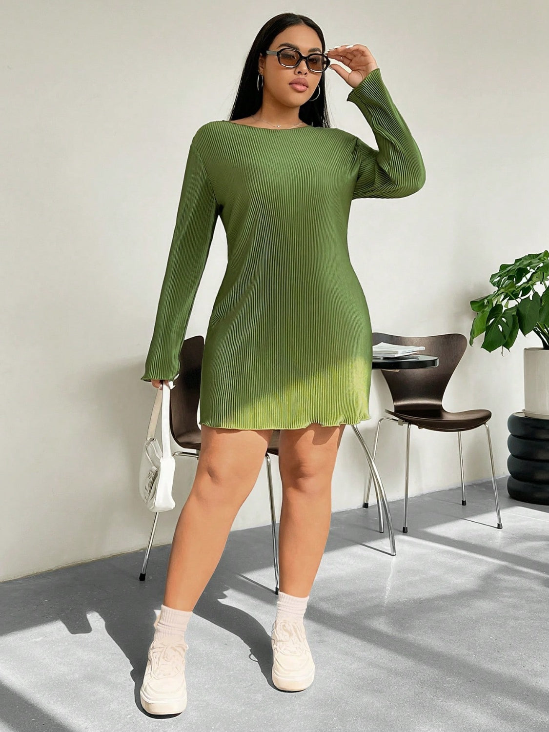 Honey Plus Size Lettuce Hem Round Neck Long Sleeve Dress - Little Miss Vanilla