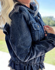 Navy Blue Ruffle Raw Hem Flap Pockets Denim Jacket