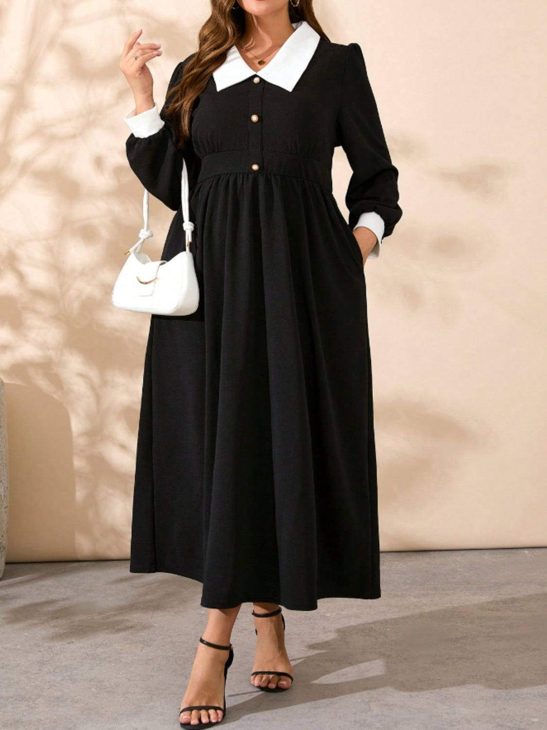 Plus Size Contrast Collared Neck Long Sleeve Midi Dress - Little Miss Vanilla