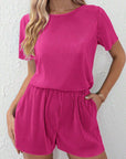 Bright Pink Casual Pleated Short Two-piece Set