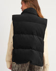 Black Corduroy Stand Neck Zipped Puffer Vest