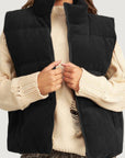 Black Corduroy Stand Neck Zipped Puffer Vest