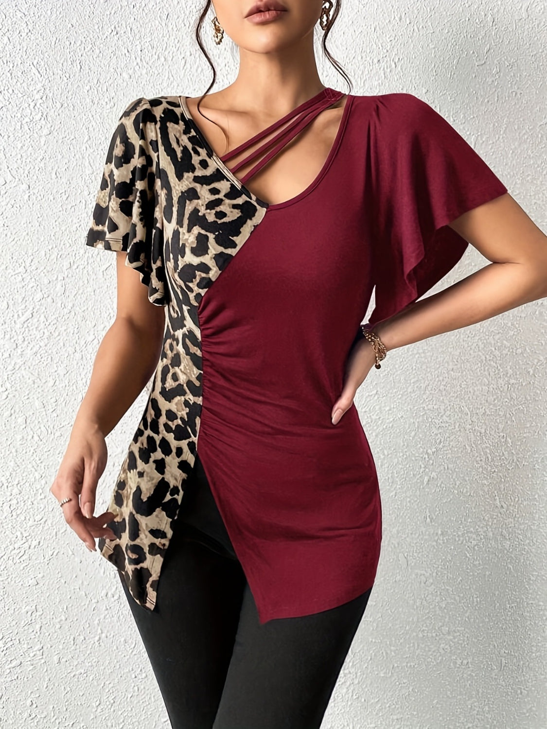 Ruched Leopard Flutter Sleeve T-Shirt - Little Miss Vanilla