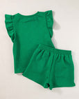 Bright Green Textured Ruffled Sleeve Tee and Drawstring Shorts Set