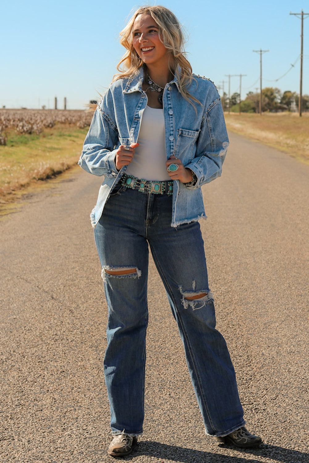 Studded Acid Wash Long Sleeve Denim Jacket - Little Miss Vanilla