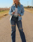 Studded Acid Wash Long Sleeve Denim Jacket - Little Miss Vanilla