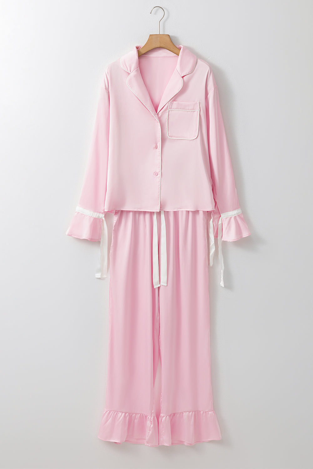 Light Pink Satin Knot Accent Shirt and Ruffled Pants Lounge Set - Little Miss Vanilla