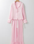 Light Pink Satin Knot Accent Shirt and Ruffled Pants Lounge Set - Little Miss Vanilla