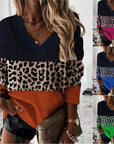 V-neck Leopard Print Splicing Long Sleeve Sweatshirt Tops