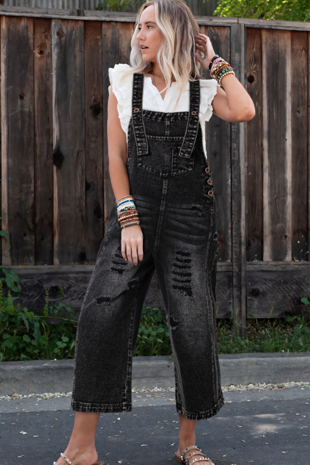 Distressed Wide Strap Denim Overalls - Little Miss Vanilla