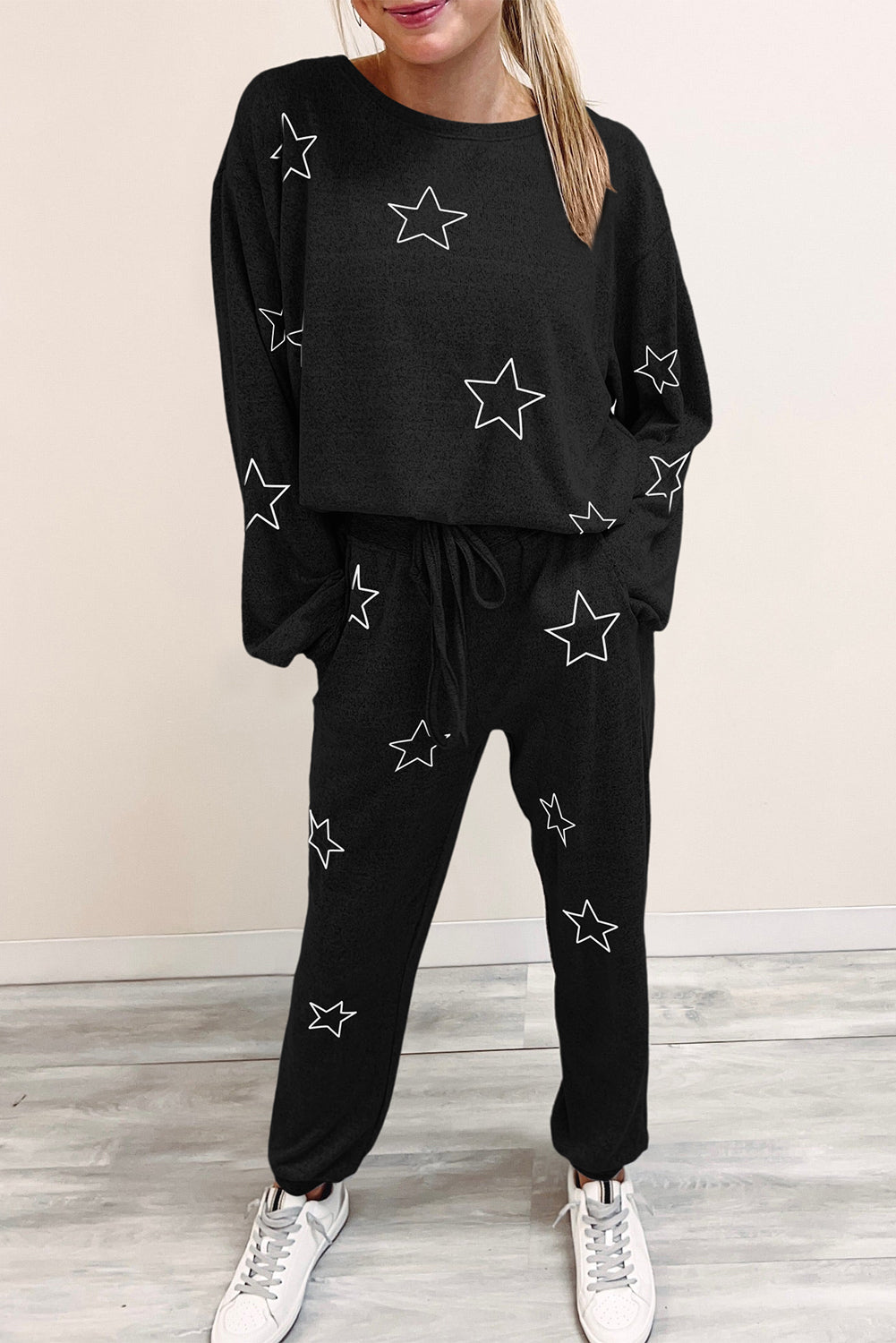 Black Stars Print Long Sleeve Drawstring High Waist Lounge Set - Little Miss Vanilla