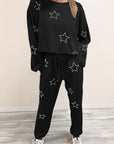 Black Stars Print Long Sleeve Drawstring High Waist Lounge Set - Little Miss Vanilla