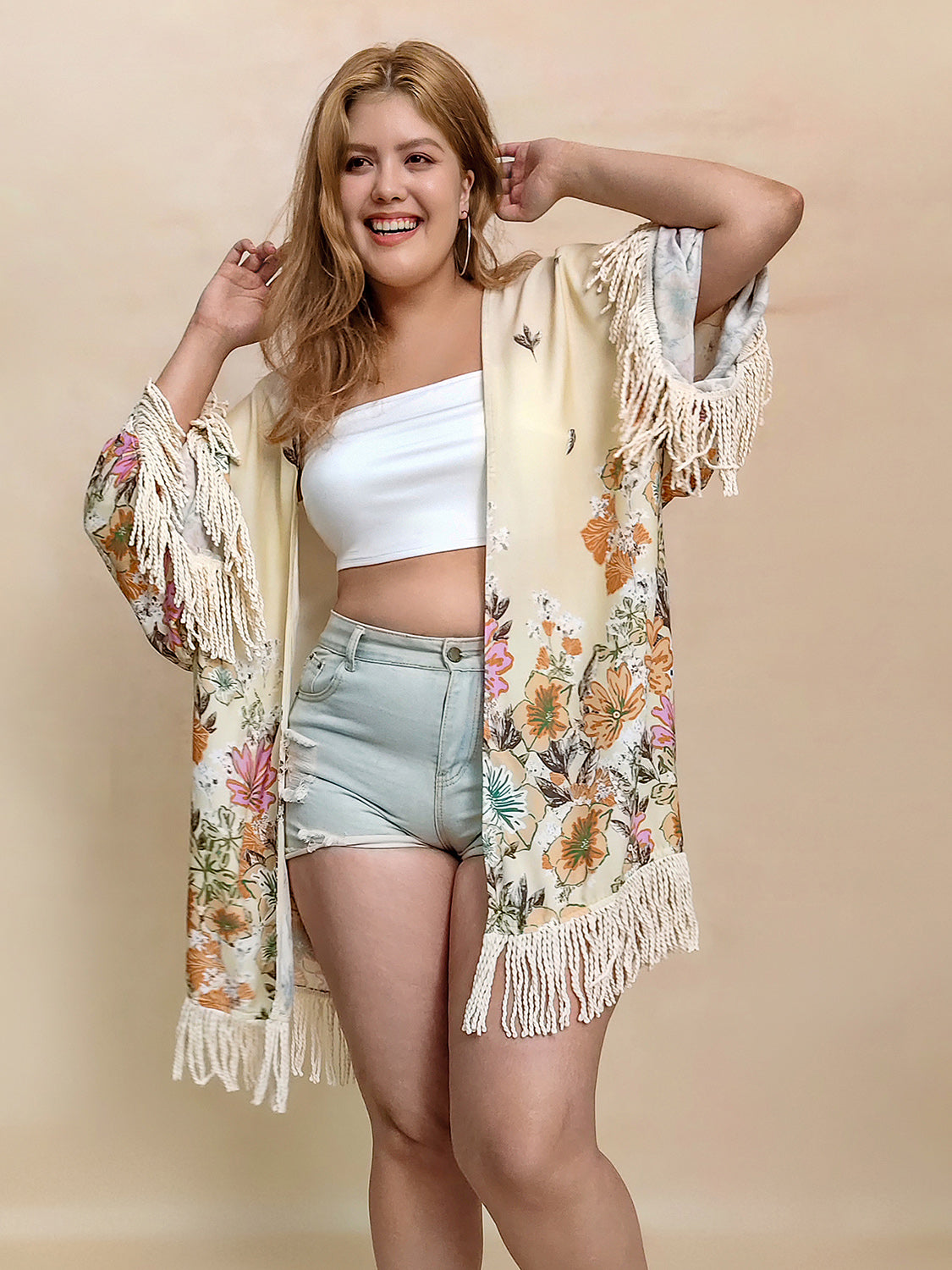 Plus Size Fringe Printed Open Front Cardigan - Little Miss Vanilla