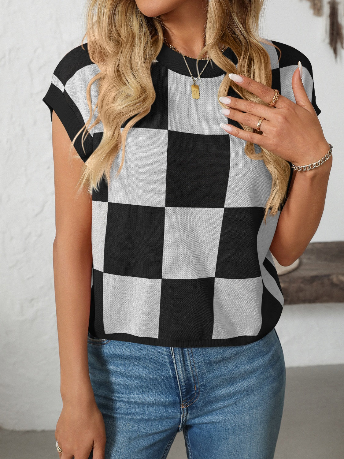 Mandy Checkered Round Neck Cap Sleeve Knit Top - Little Miss Vanilla